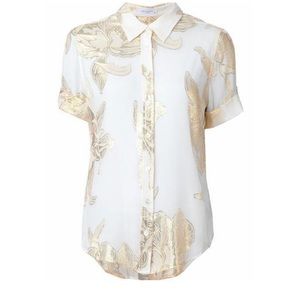 Equipment Women's Slim Signature Short Sleeve Button Up Silk/Gold Lurex Shirt, M